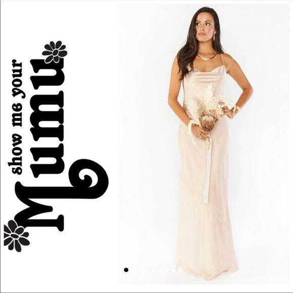NWOT Show me your mumu Tuscany Maxi Slip Dress in champagne luxe satin Size S - Picture 1 of 12
